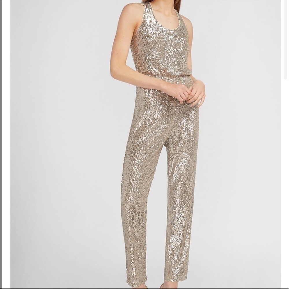 Express Gold Sequin Tank Jumpsuit
